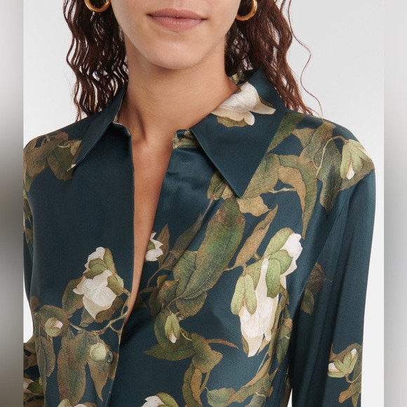 $495 Vince Floral Camellia Branch silk satin shirt blue white workwear Revolve - Picture 5 of 15